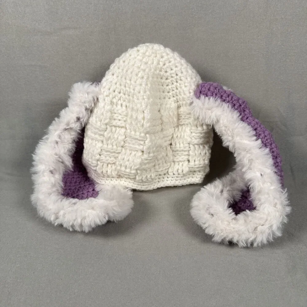 Girls Handmade Bunny Ears Hat With Bow Crocheted WHITE PURPLE